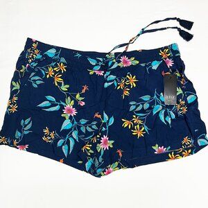 Ana Womens Shorts, Blue Flora, Soft Light Fabric, Tasseled Waist Ties, PXL NWT